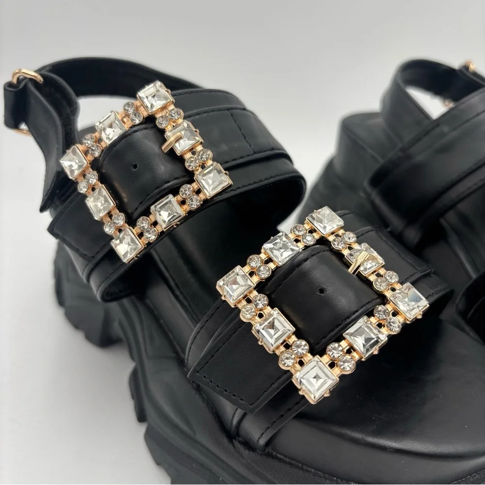 Elegant‎ Black Platform Sandals with Pearl Details